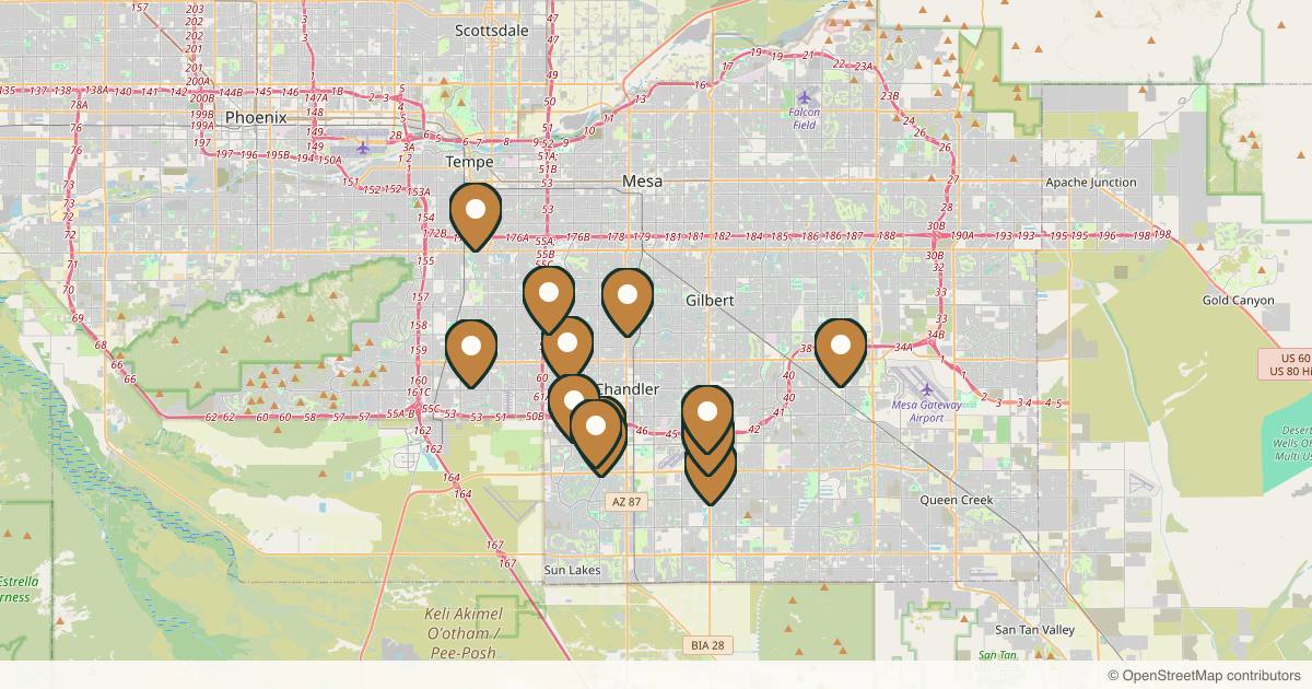Map of 14 med spas and aesthetic clinics in Chandler, Arizona