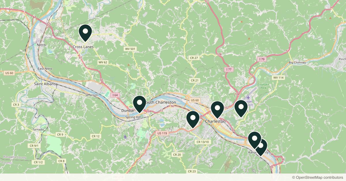 Map of 8 med spas and aesthetic clinics in Charleston, West Virginia