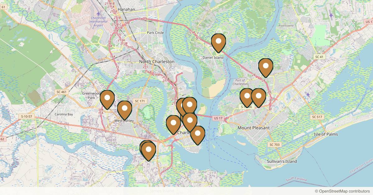 Map of 14 med spas and aesthetic clinics in Charleston, South Carolina