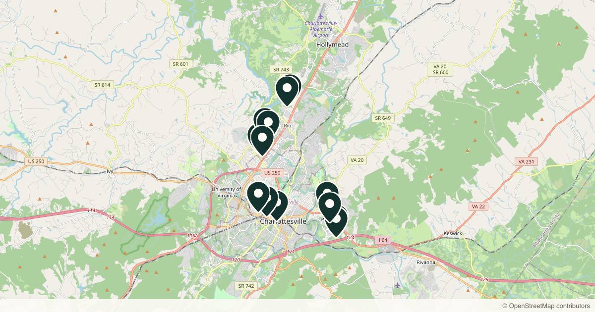 Map of 14 med spas and aesthetic clinics in Charlottesville, Virginia
