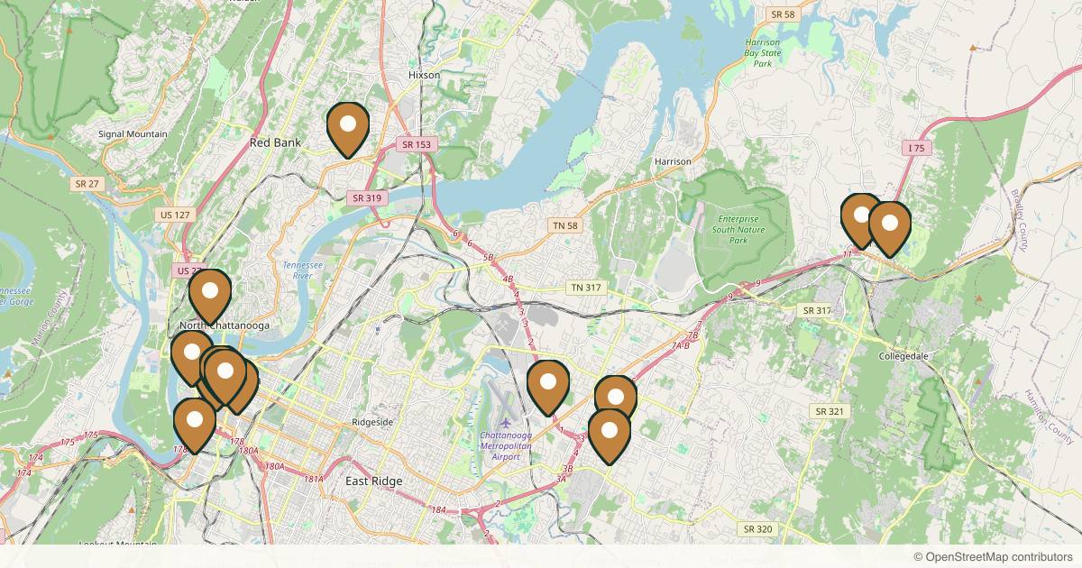 Map of 14 med spas and aesthetic clinics in Chattanooga, Tennessee