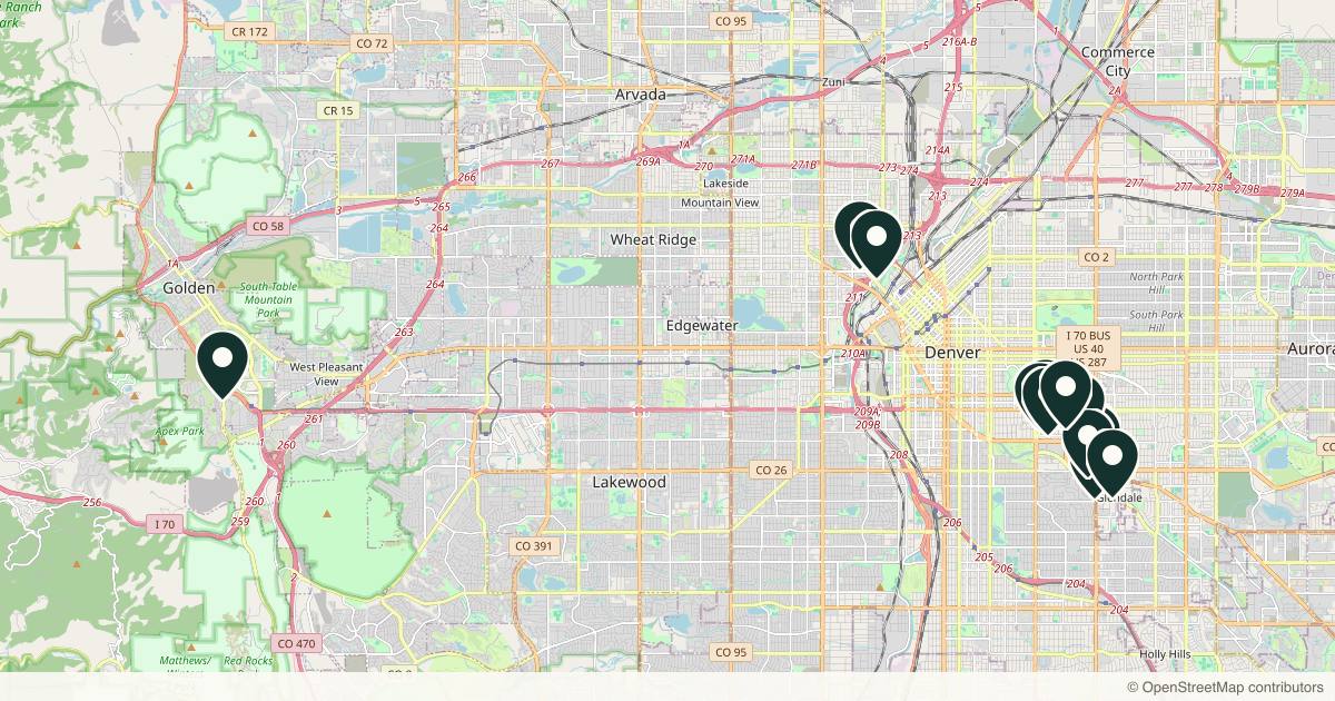 Map of 14 med spas and aesthetic clinics in Cherry Creek, Colorado