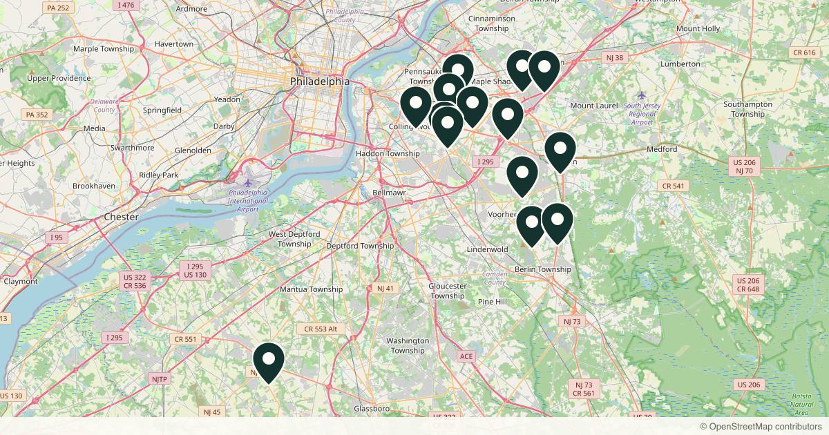Map of 14 med spas and aesthetic clinics in Cherry Hill, New Jersey