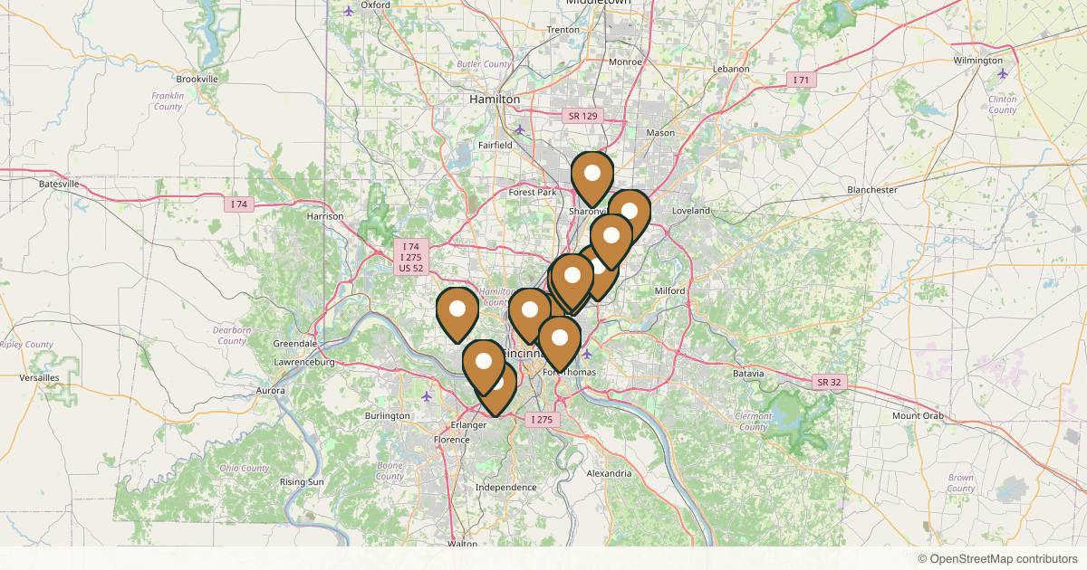 Map of 14 med spas and aesthetic clinics in Cincinnati, Ohio