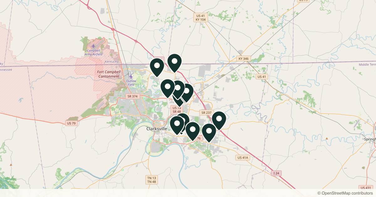 Map of 14 med spas and aesthetic clinics in Clarksville, Tennessee