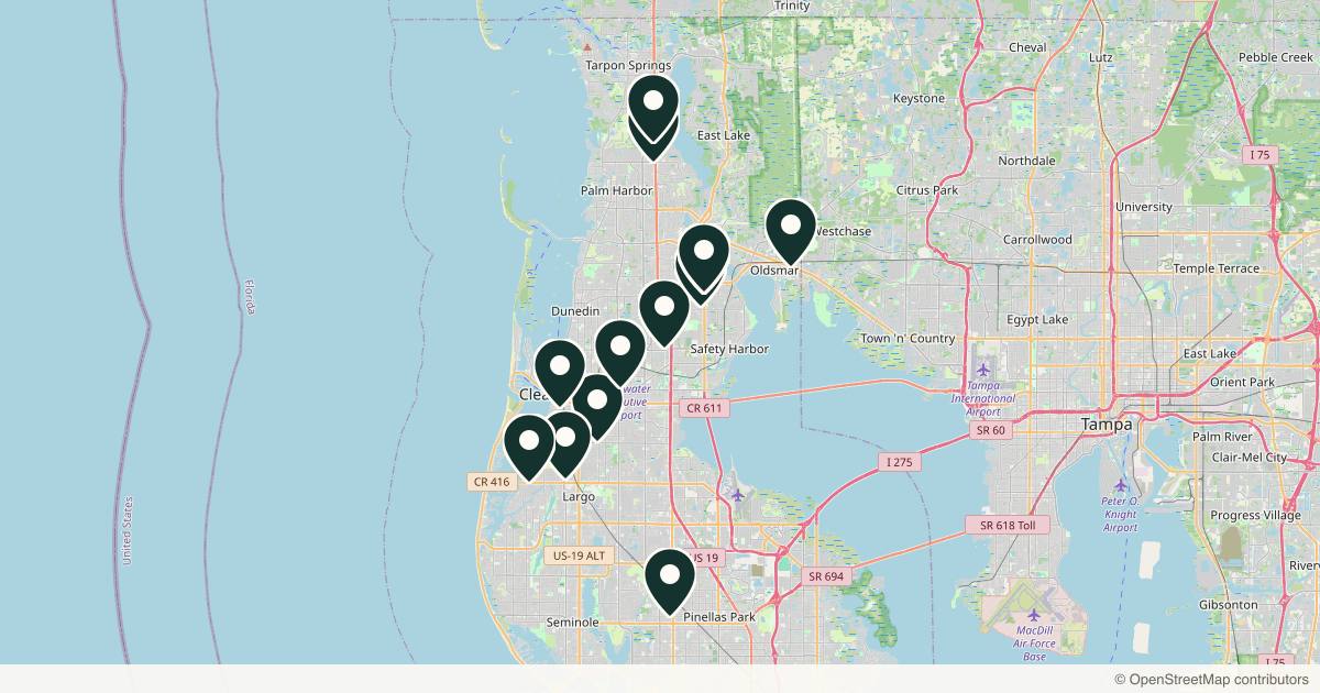 Map of 13 med spas and aesthetic clinics in Clearwater, Florida