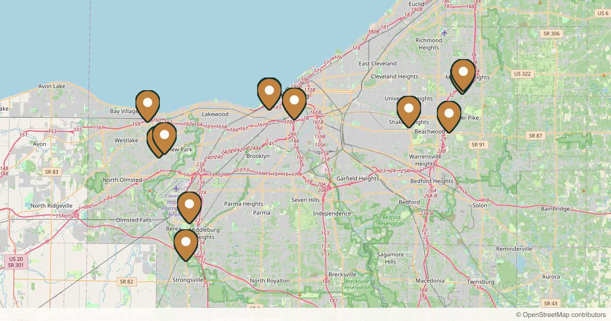 Map of 14 med spas and aesthetic clinics in Cleveland, Ohio