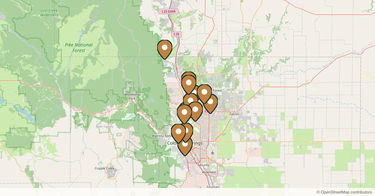 Map of 14 med spas and aesthetic clinics in Colorado Springs, Colorado