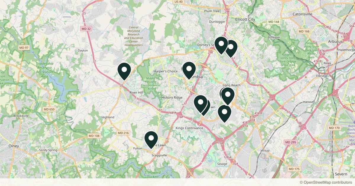 Map of 13 med spas and aesthetic clinics in Columbia, Maryland