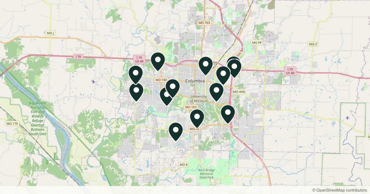 Map of 14 med spas and aesthetic clinics in Columbia, Missouri
