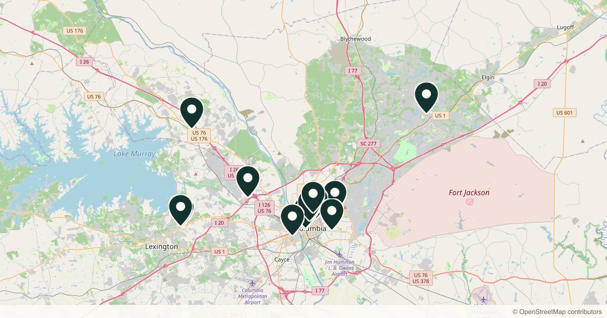 Map of 14 med spas and aesthetic clinics in Columbia, South Carolina