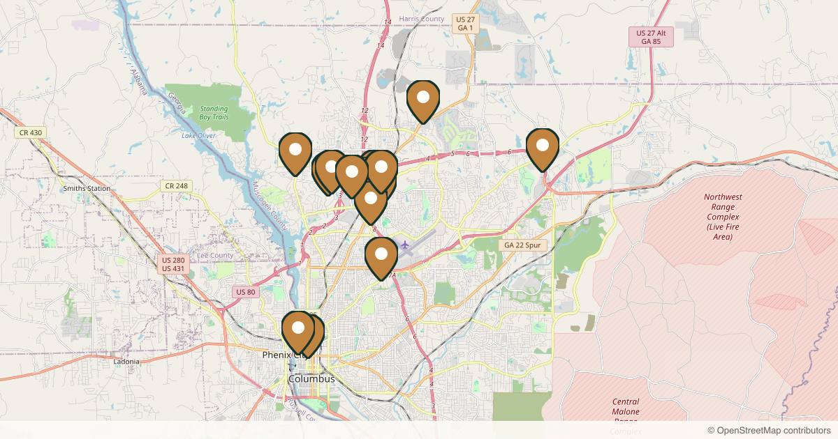 Map of 14 med spas and aesthetic clinics in Columbus, Georgia