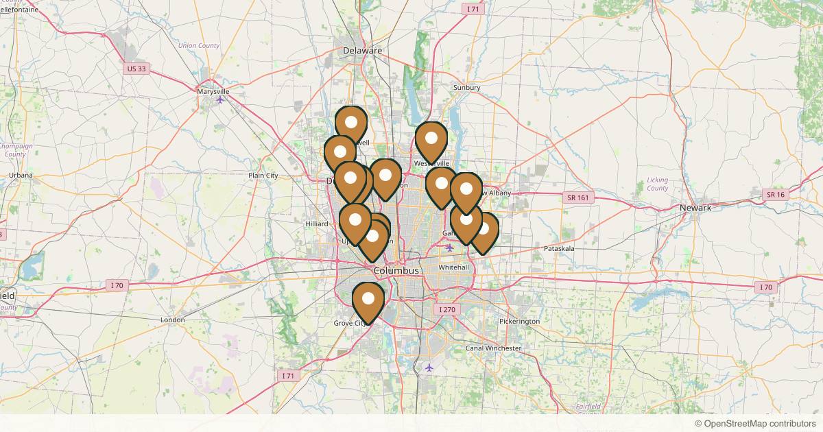 Map of 14 med spas and aesthetic clinics in Columbus, Ohio