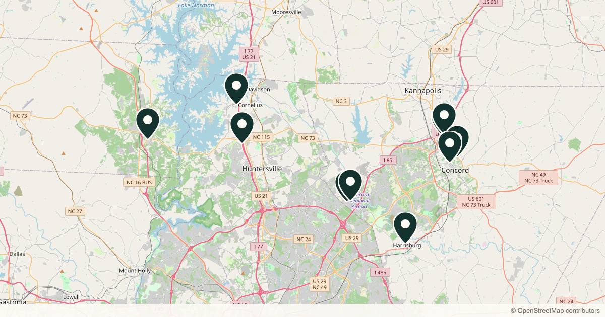 Map of 14 med spas and aesthetic clinics in Concord, North Carolina
