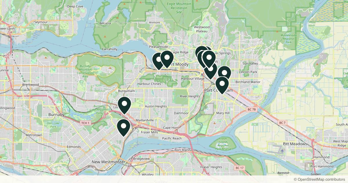 Map of 12 med spas and aesthetic clinics in Coquitlam, British Columbia