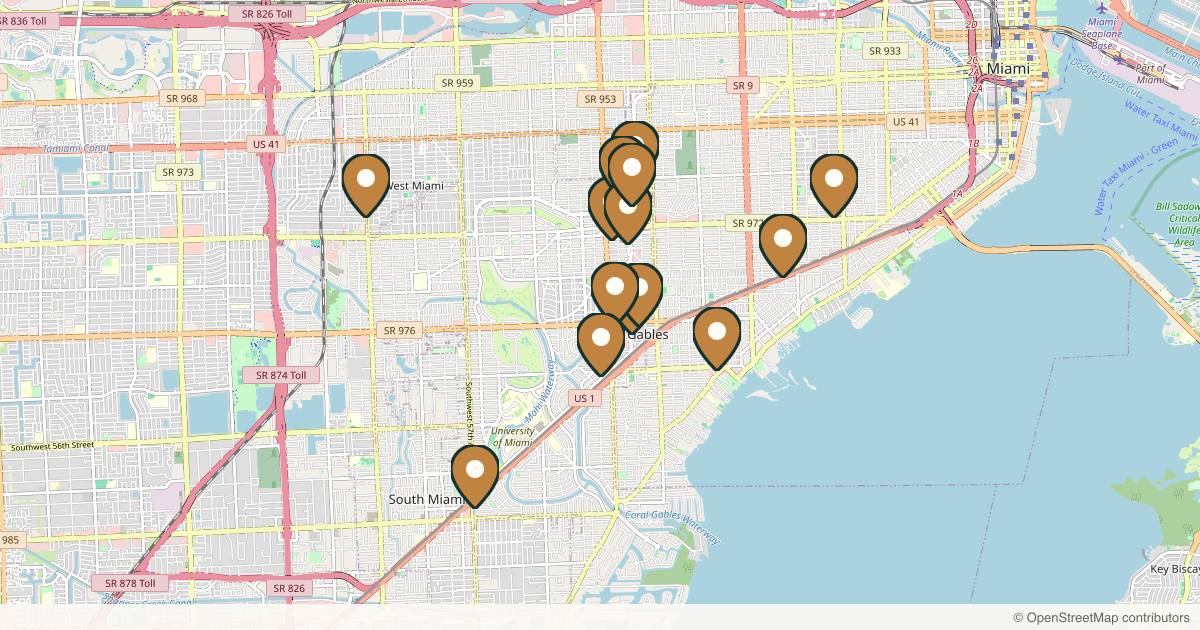 Map of 14 med spas and aesthetic clinics in Coral Gables, Florida