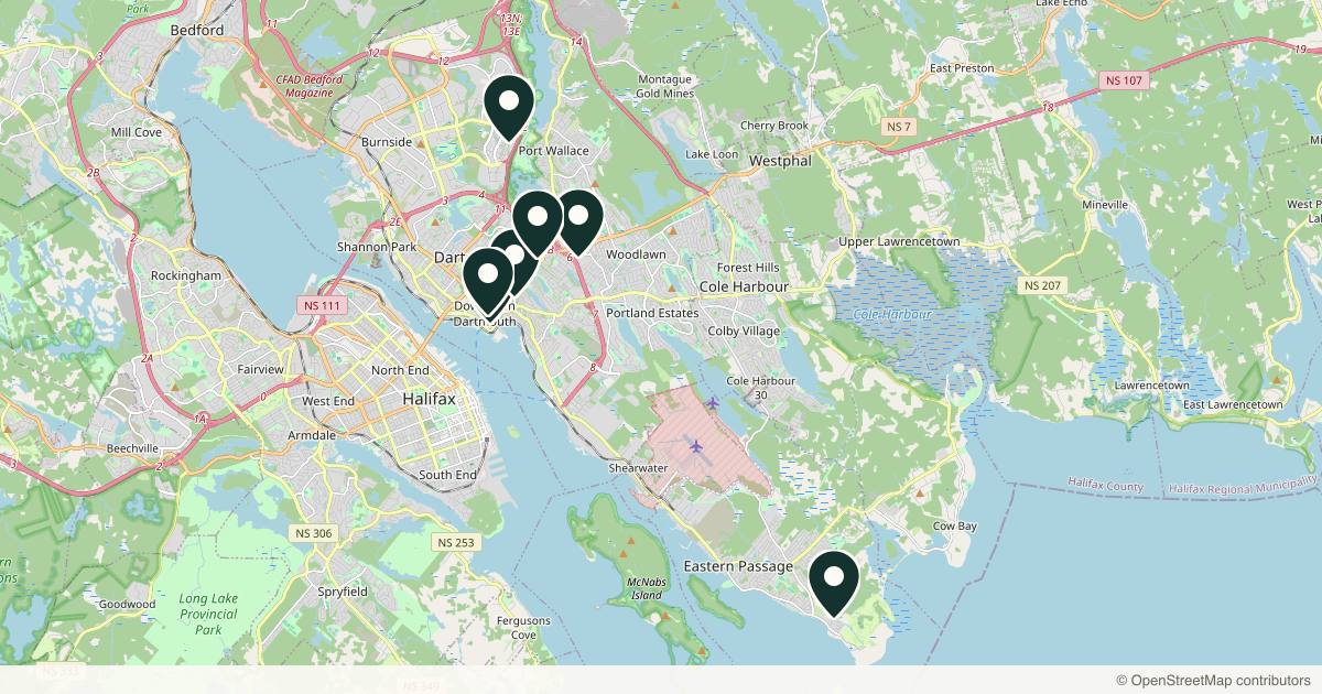 Map of 8 med spas and aesthetic clinics in Dartmouth, Nova Scotia