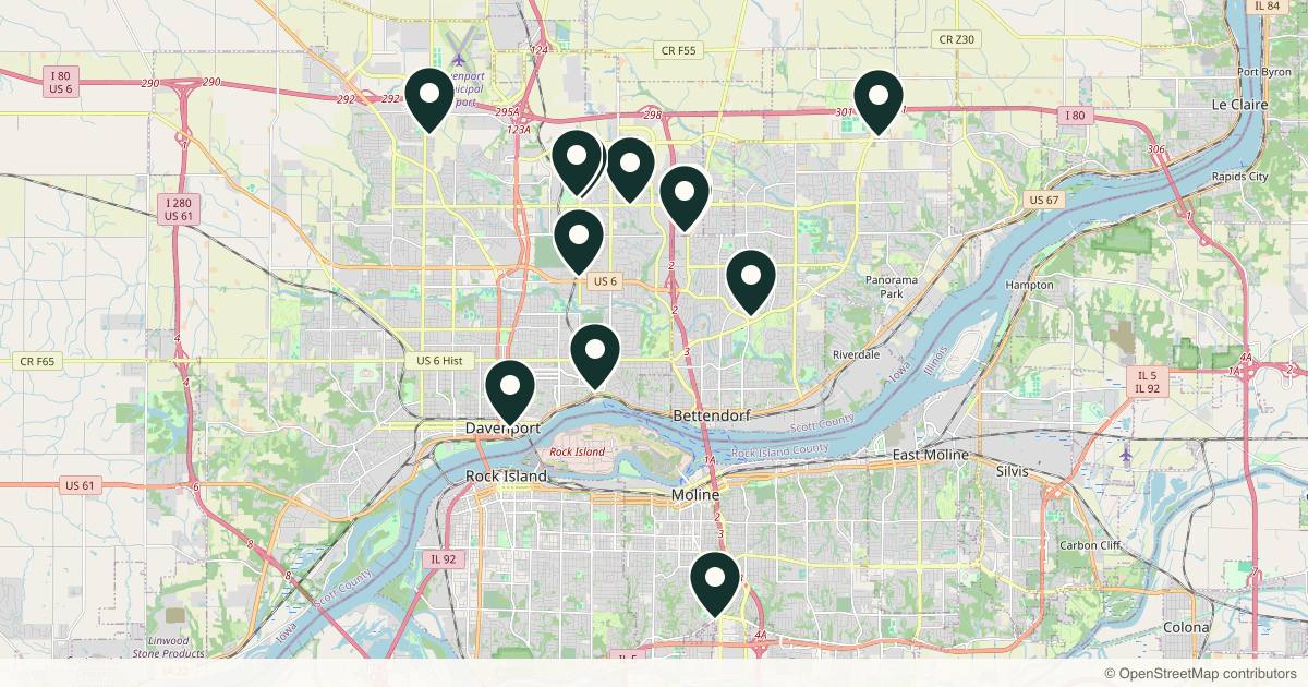 Map of 14 med spas and aesthetic clinics in Davenport, Iowa
