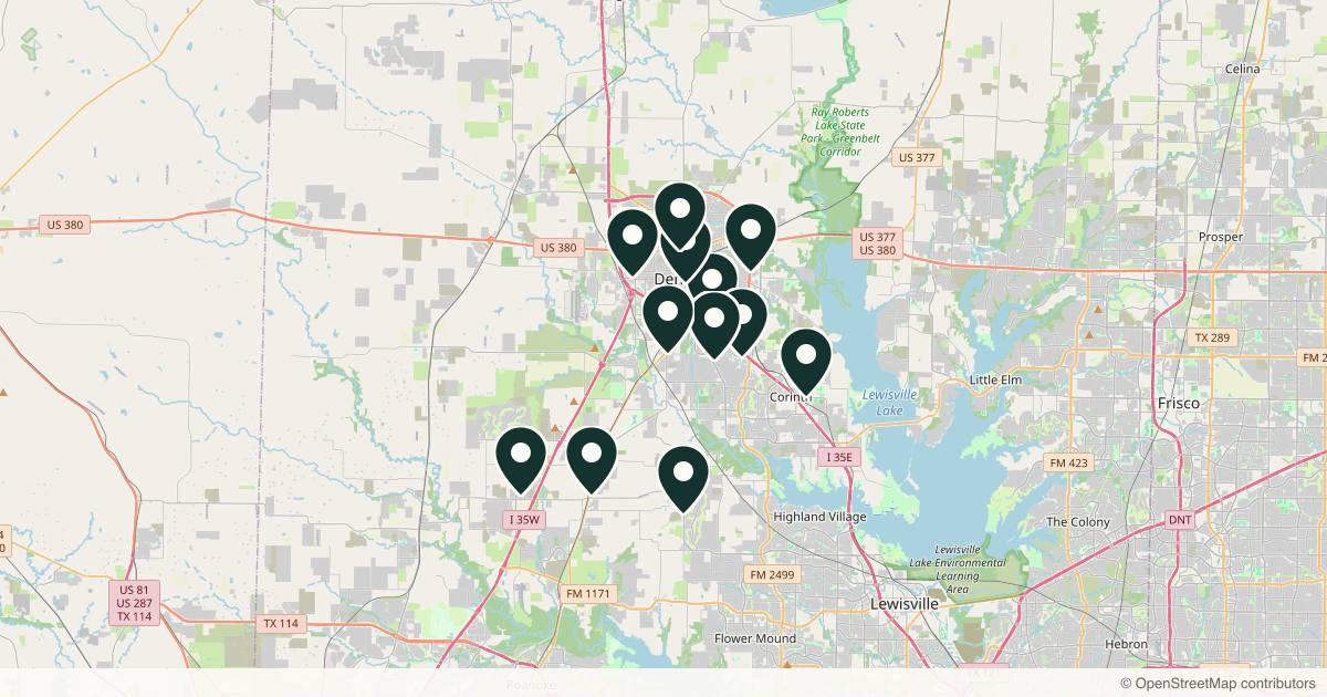 Map of 14 med spas and aesthetic clinics in Denton, Texas