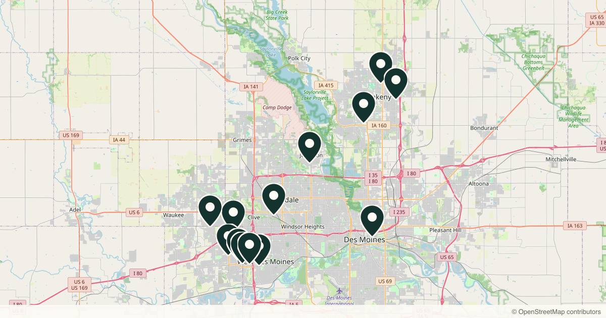 Map of 14 med spas and aesthetic clinics in Des Moines, Iowa