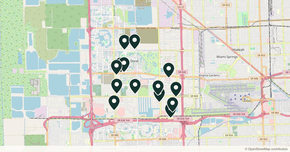 Map of 14 med spas and aesthetic clinics in Doral, Florida
