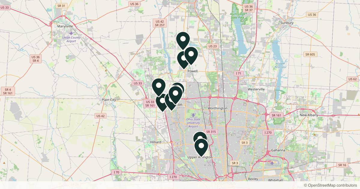 Map of 12 med spas and aesthetic clinics in Dublin, Ohio