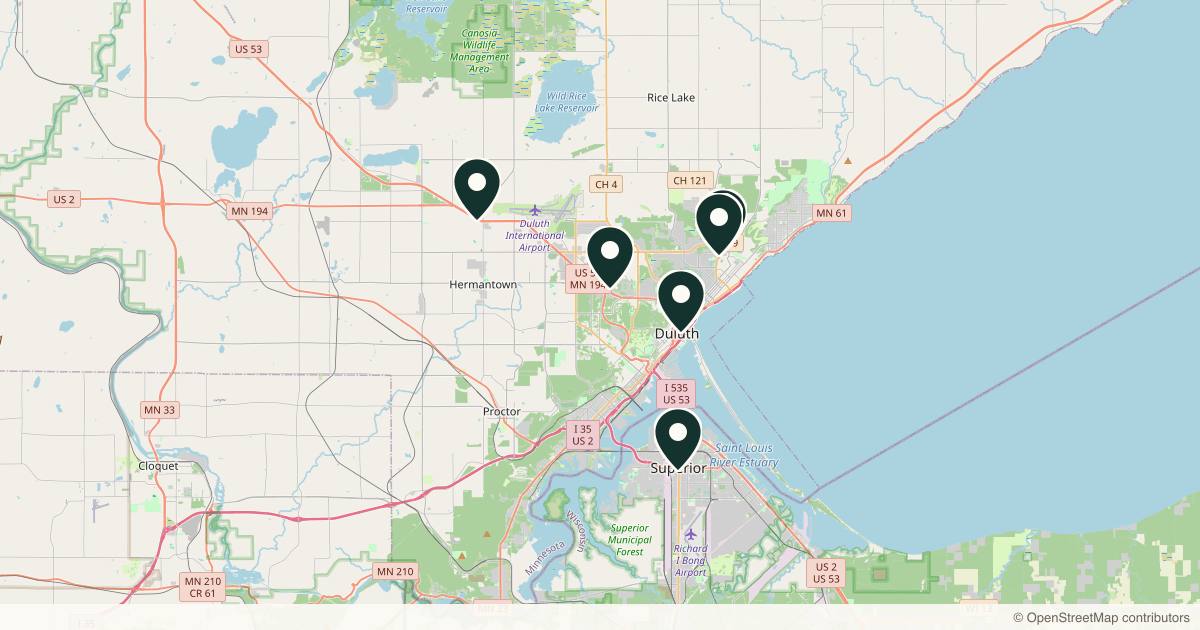 Map of 7 med spas and aesthetic clinics in Duluth, Minnesota