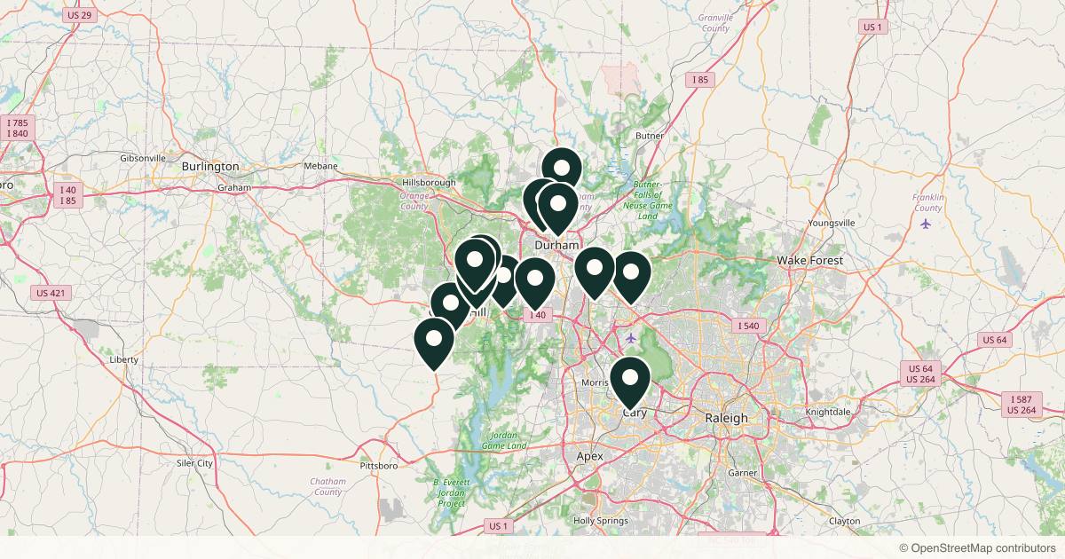 Map of 14 med spas and aesthetic clinics in Durham, North Carolina