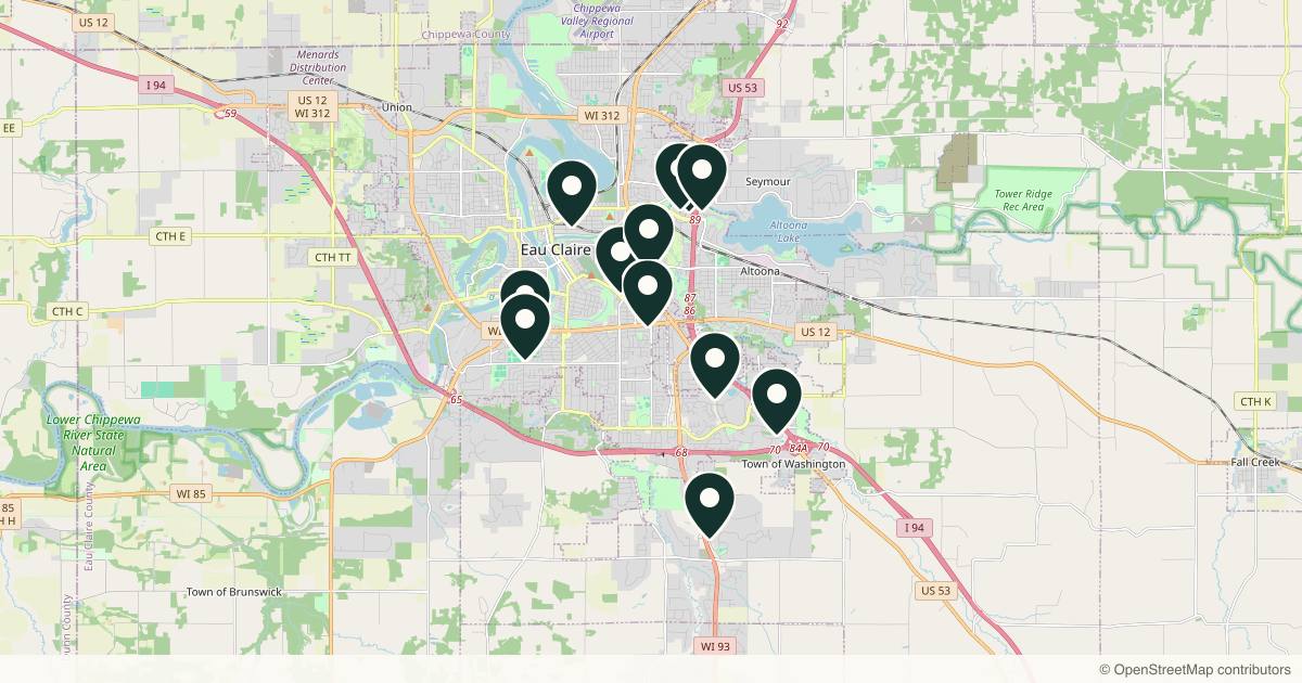Map of 14 med spas and aesthetic clinics in Eau Claire, Wisconsin