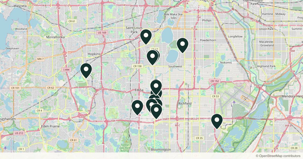 Map of 14 med spas and aesthetic clinics in Edina, Minnesota