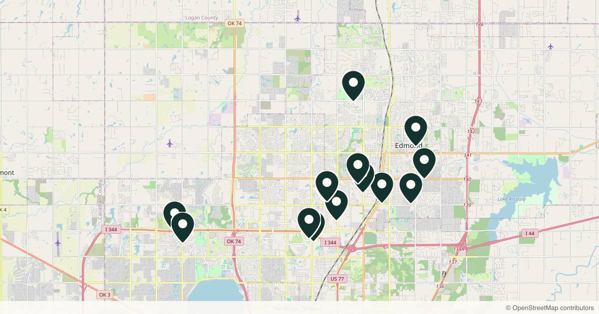 Map of 14 med spas and aesthetic clinics in Edmond, Oklahoma