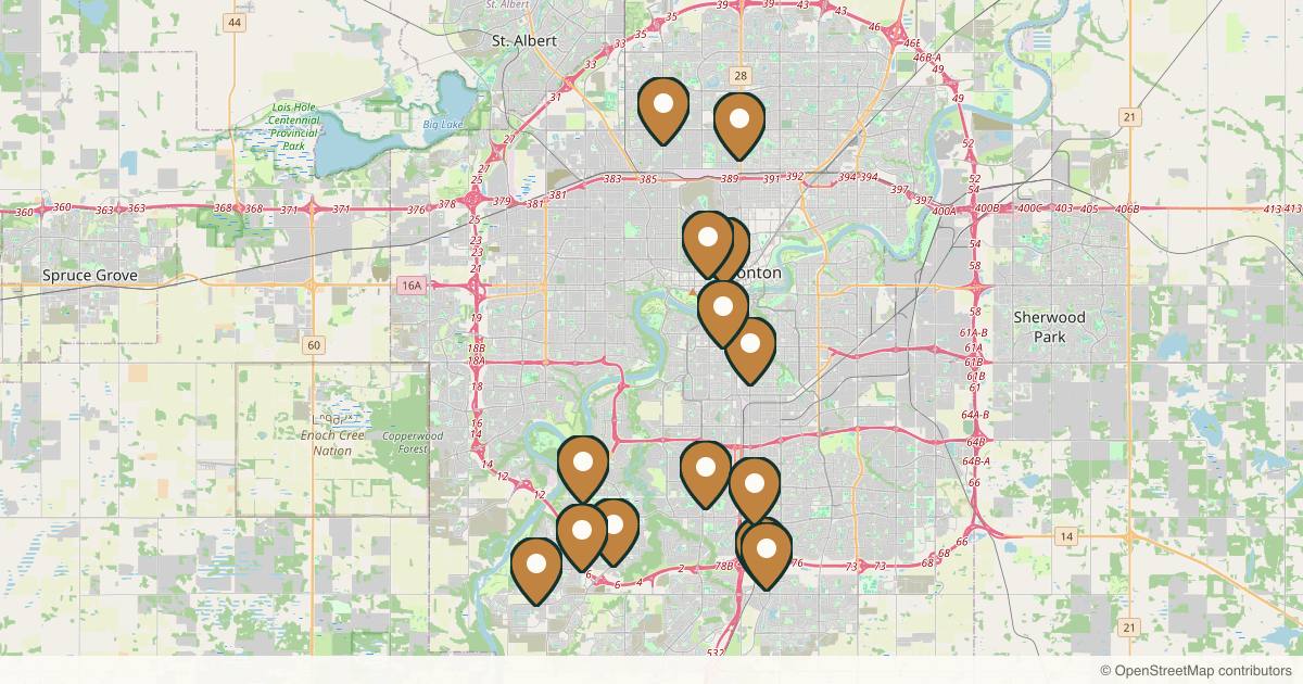 Map of 14 med spas and aesthetic clinics in Edmonton, Alberta