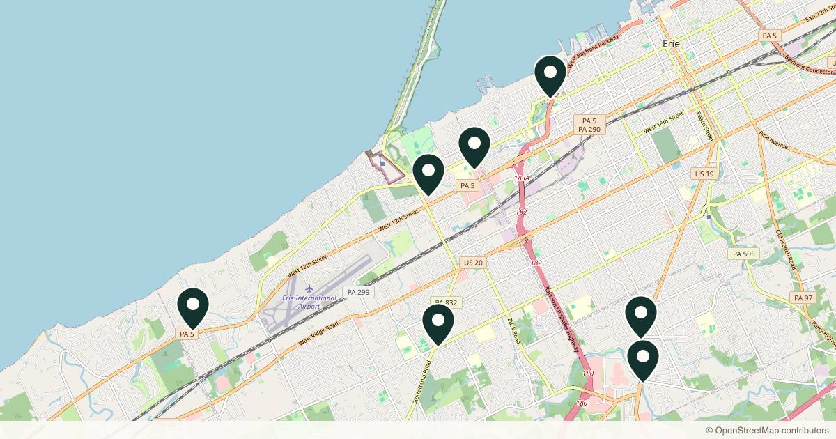 Map of 7 med spas and aesthetic clinics in Erie, Pennsylvania