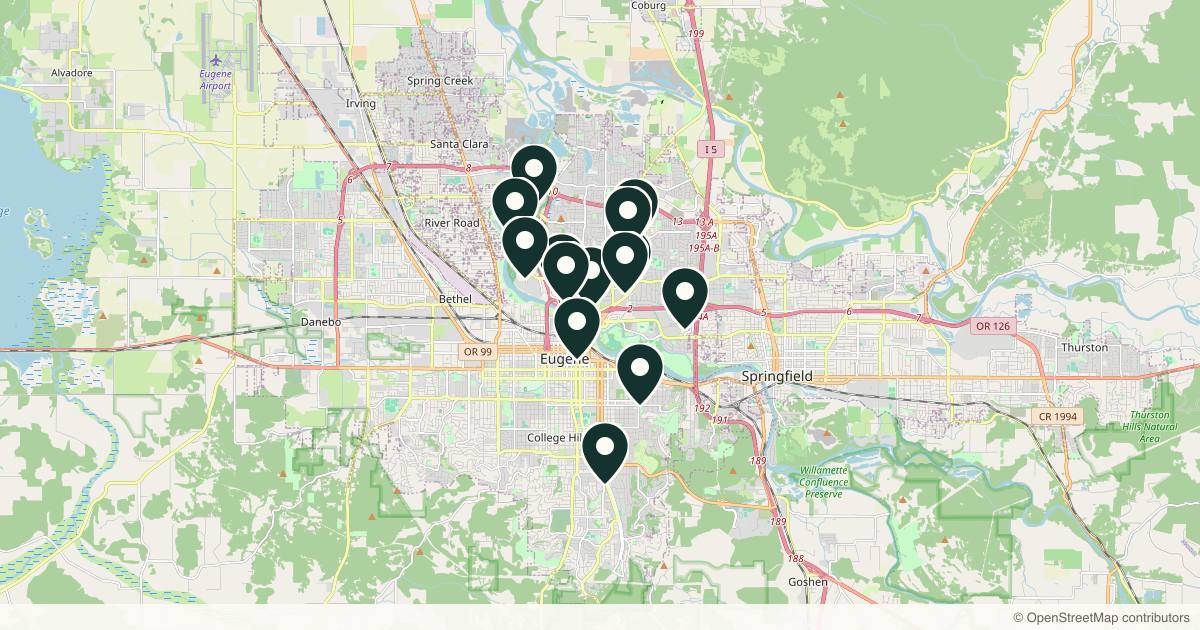 Map of 14 med spas and aesthetic clinics in Eugene, Oregon