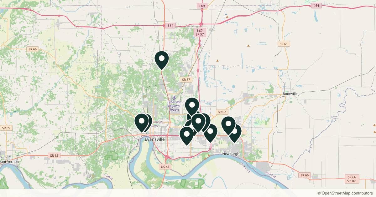 Map of 14 med spas and aesthetic clinics in Evansville, Indiana