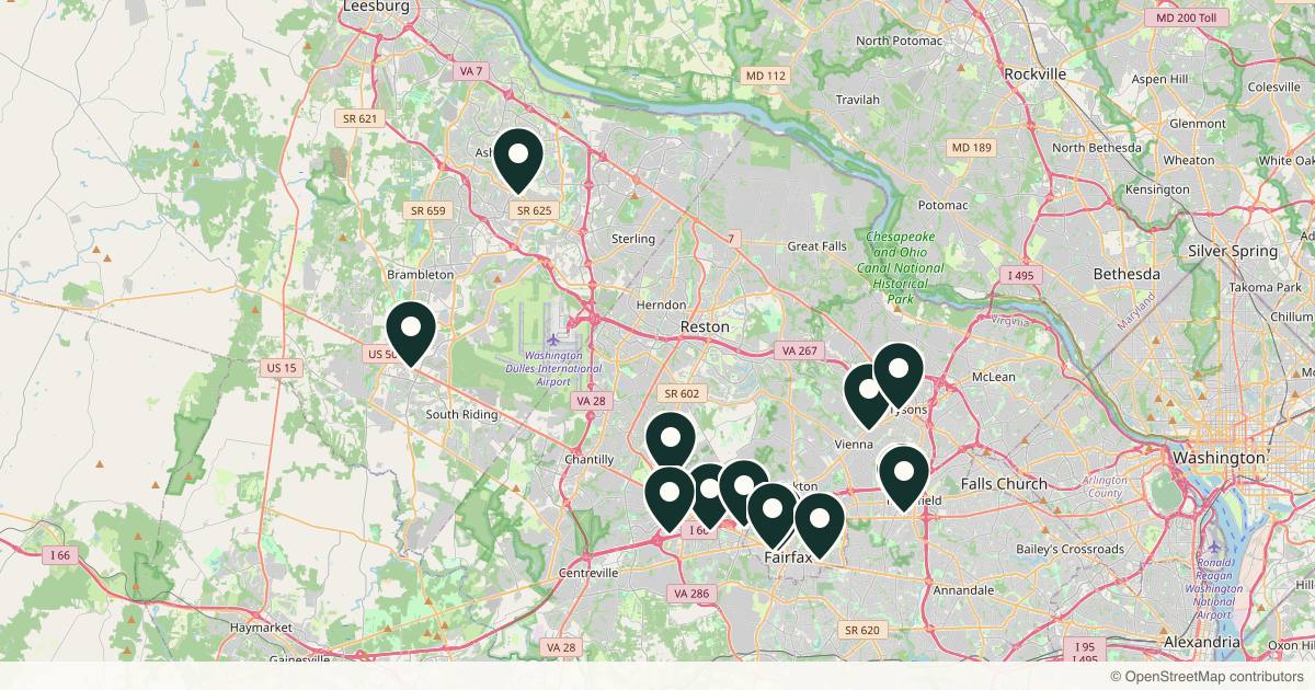 Map of 13 med spas and aesthetic clinics in Fairfax, Virginia