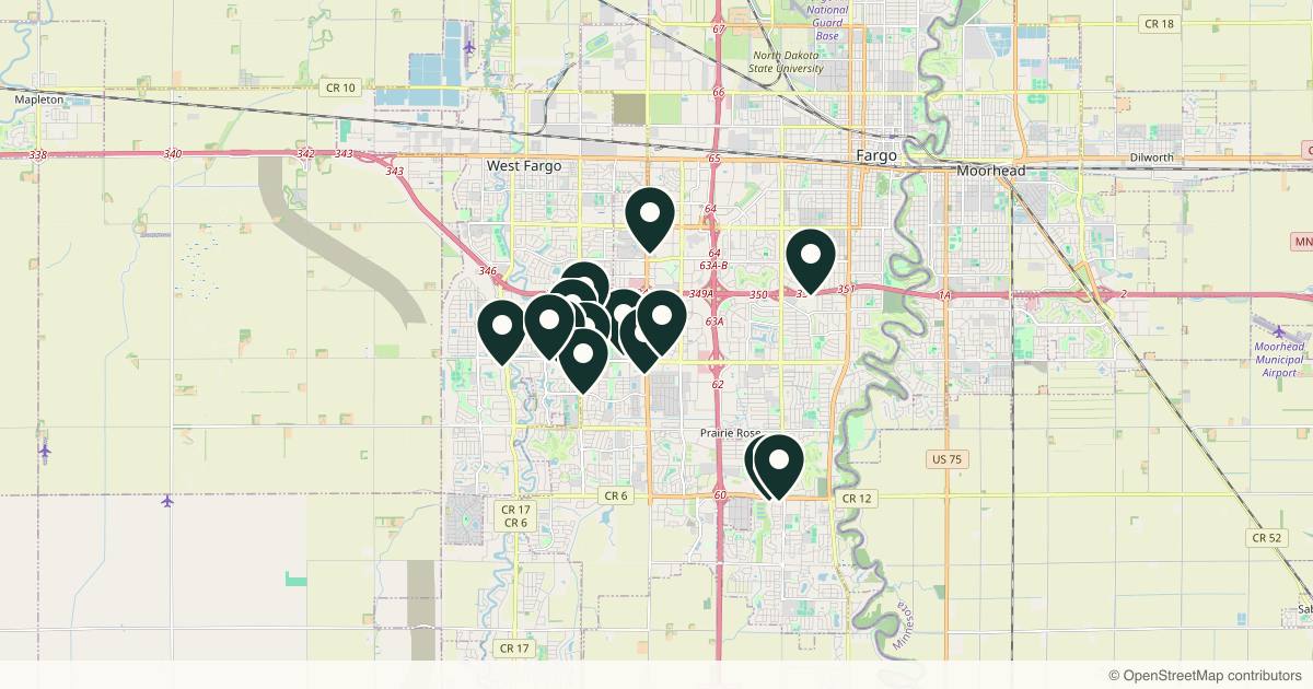 Map of 14 med spas and aesthetic clinics in Fargo, North Dakota