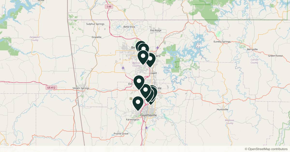 Map of 14 med spas and aesthetic clinics in Fayetteville, Arkansas