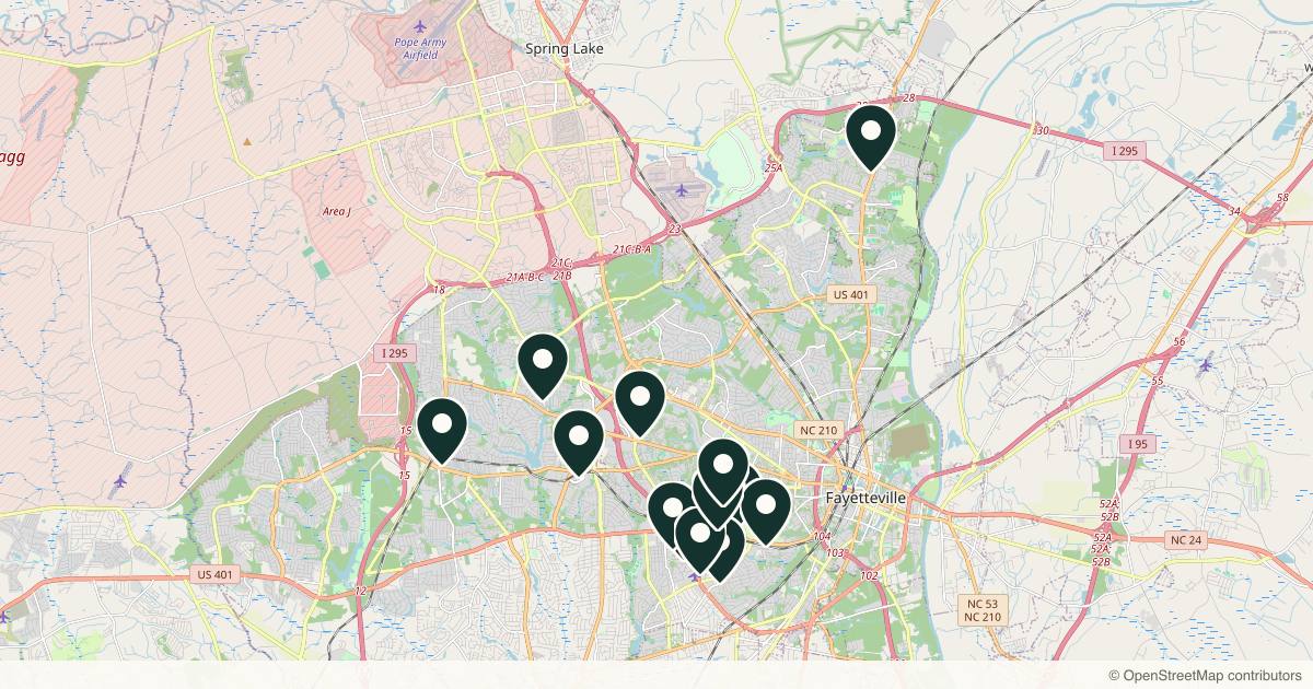 Map of 13 med spas and aesthetic clinics in Fayetteville, North Carolina
