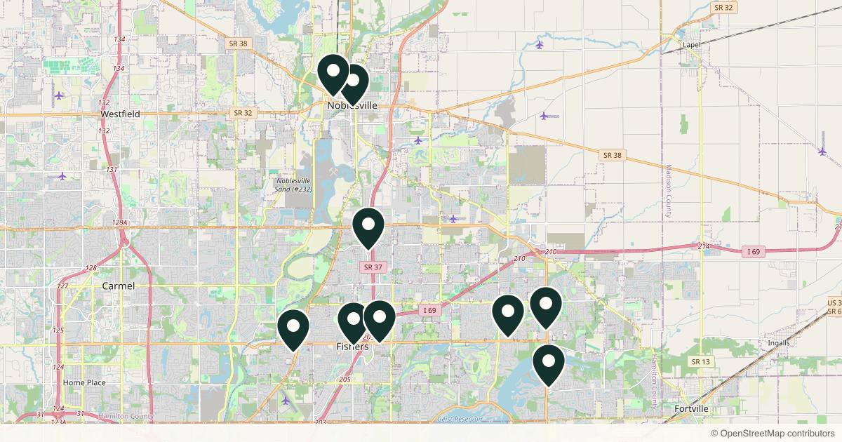 Map of 9 med spas and aesthetic clinics in Fishers, Indiana