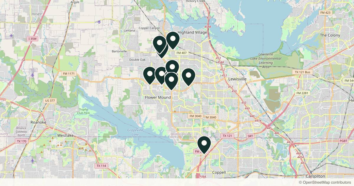 Map of 11 med spas and aesthetic clinics in Flower Mound, Texas