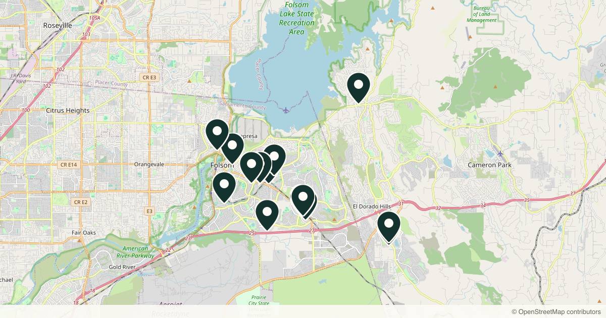Map of 14 med spas and aesthetic clinics in Folsom, California