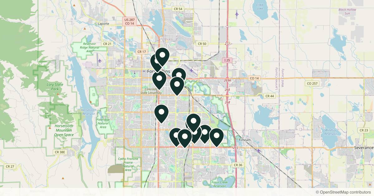 Map of 14 med spas and aesthetic clinics in Fort Collins, Colorado