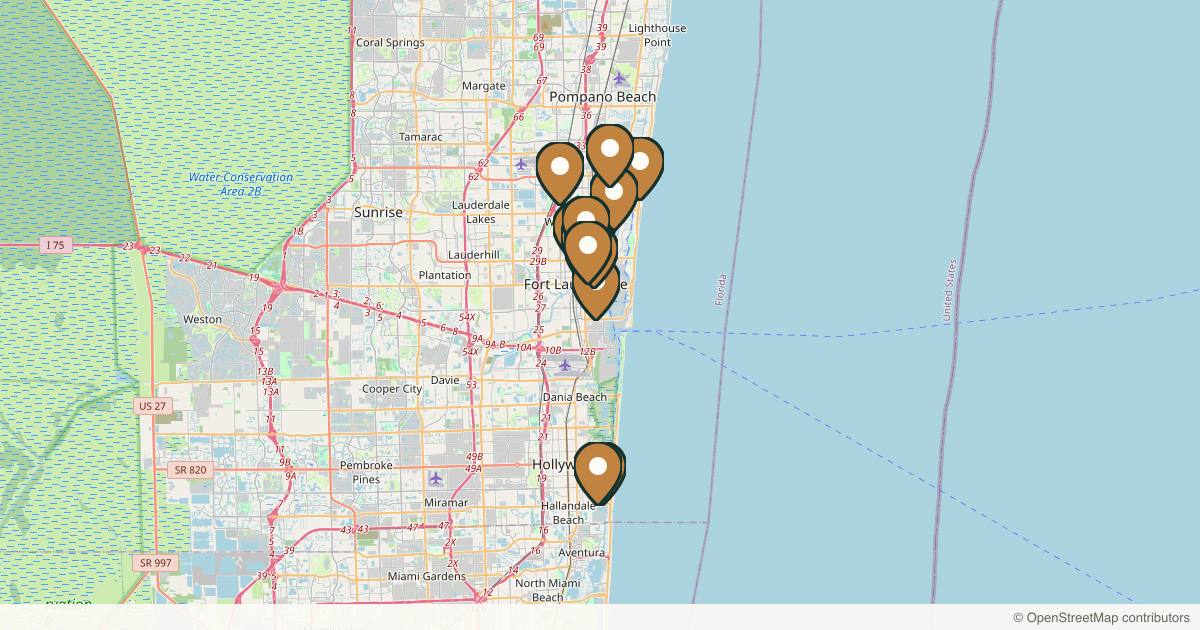 Map of 14 med spas and aesthetic clinics in Fort Lauderdale, Florida