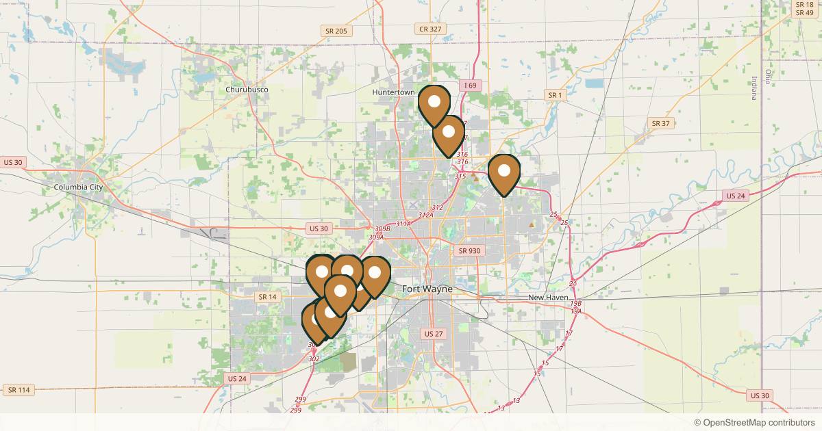 Map of 14 med spas and aesthetic clinics in Fort Wayne, Indiana