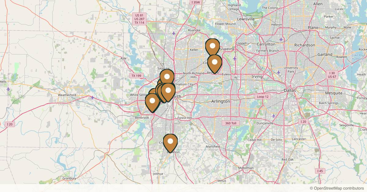 Map of 14 med spas and aesthetic clinics in Fort Worth, Texas