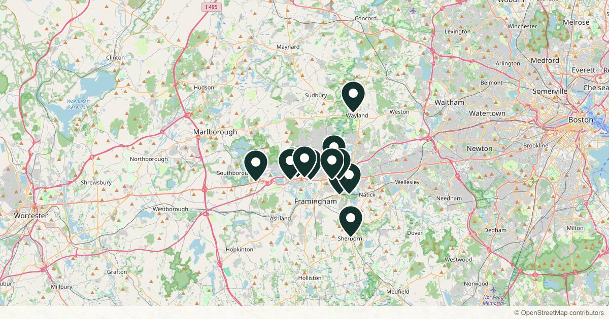 Map of 13 med spas and aesthetic clinics in Framingham, Massachusetts