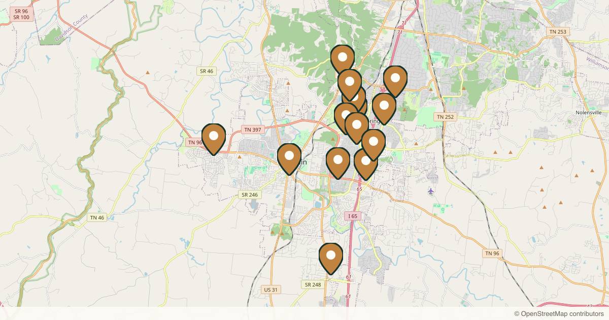 Map of 14 med spas and aesthetic clinics in Franklin, Tennessee