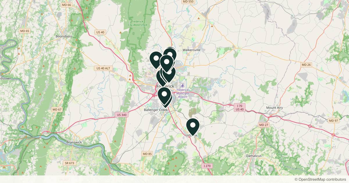 Map of 14 med spas and aesthetic clinics in Frederick, Maryland