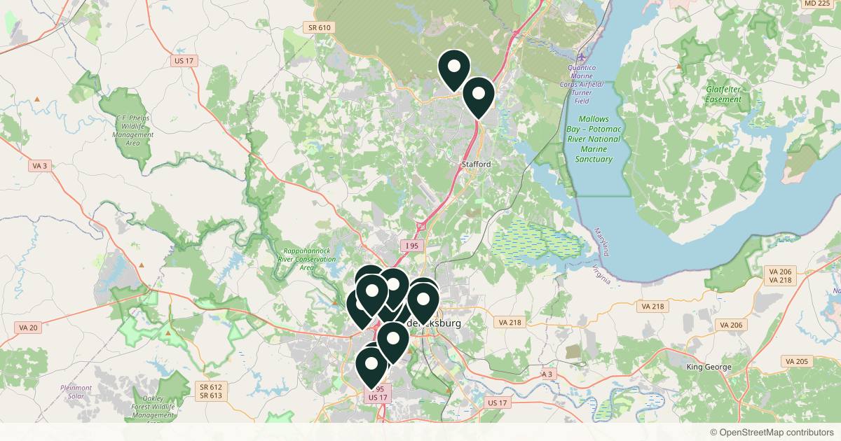 Map of 14 med spas and aesthetic clinics in Fredericksburg, Virginia